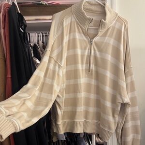 aerie Beige and Cream Striped Half-Zip Sweater